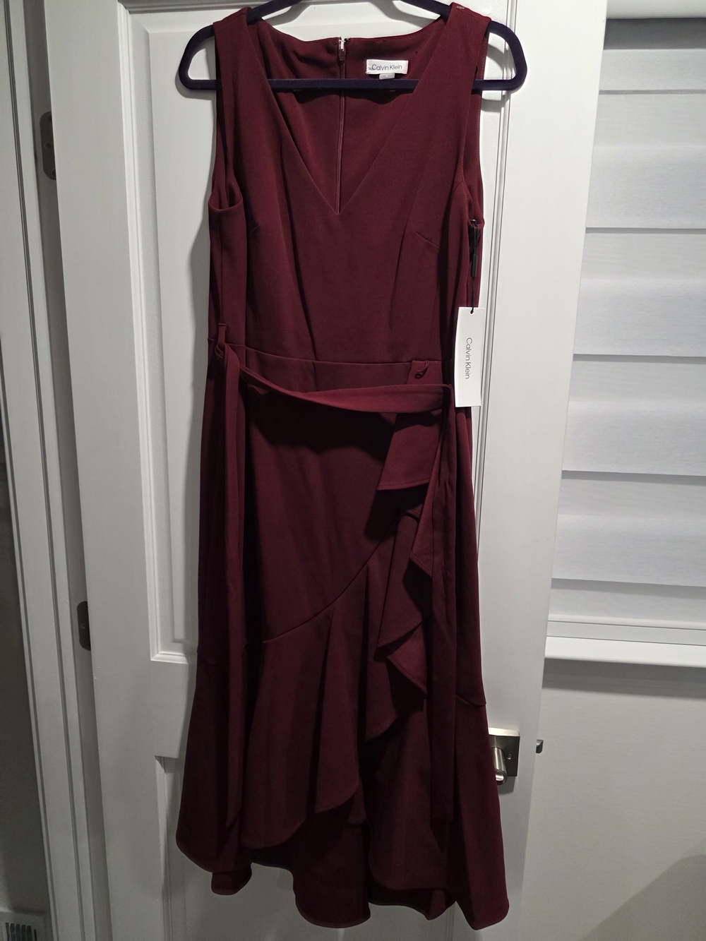 Calvin Klein Wine Sleeveless Ruffle Midi Dress